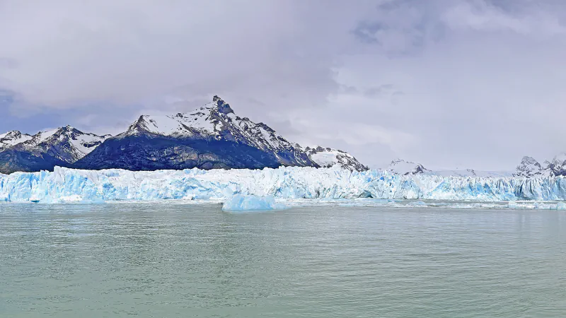 A wall of blue-white ice at the front of a glacier rising from grey-green lake water, with snow-capped mountains and low cloud behind
