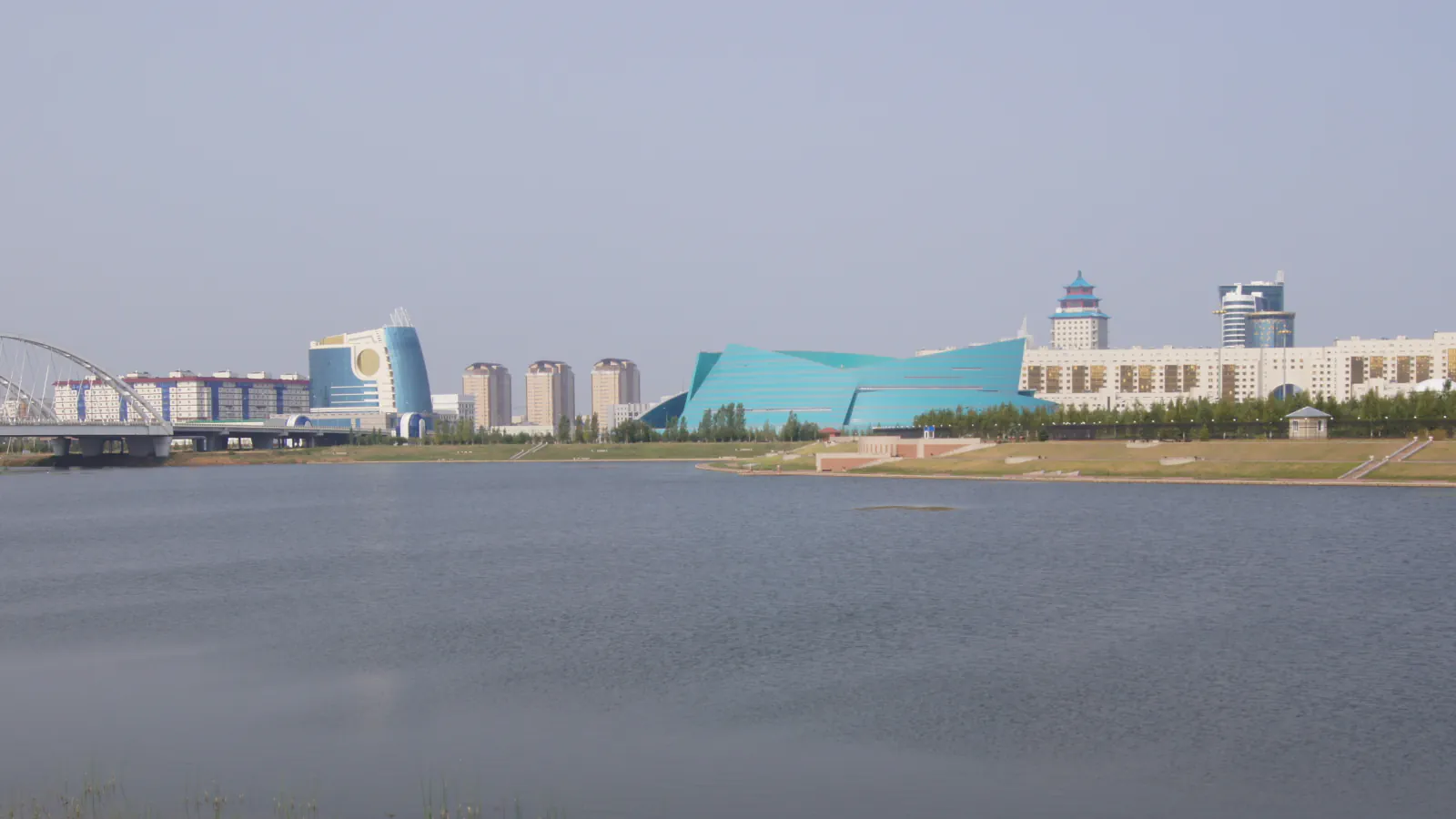 Ishim River in front of Astana’s distant skyline and bridge