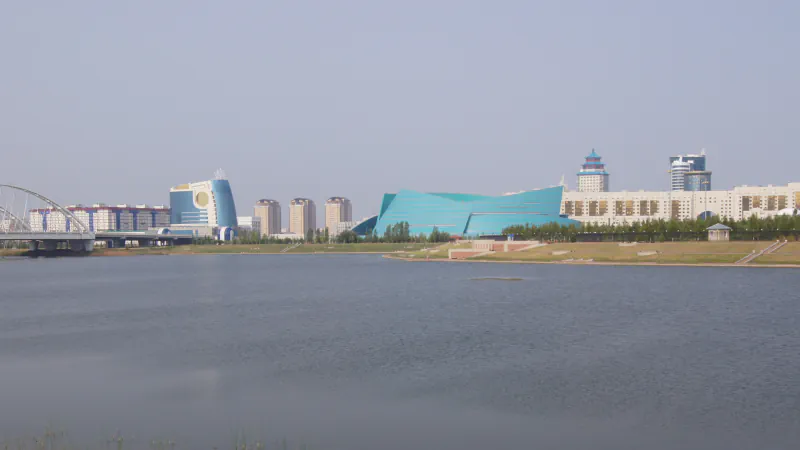 Ishim River in front of Astana’s distant skyline and bridge