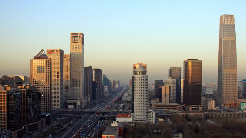 Beijing skyline and street with tall modern tower