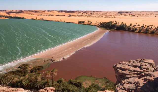 Two adjoining lakes, one green-blue and the other reddish-brown, separated by a narrow sandy strip; palms line the near shore and orange dunes extend behind them.