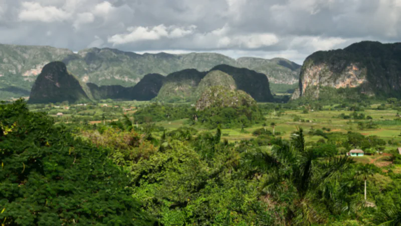 Rounded, forested limestone mogotes rise above a green valley of fields, with low clouds over the distant hills.