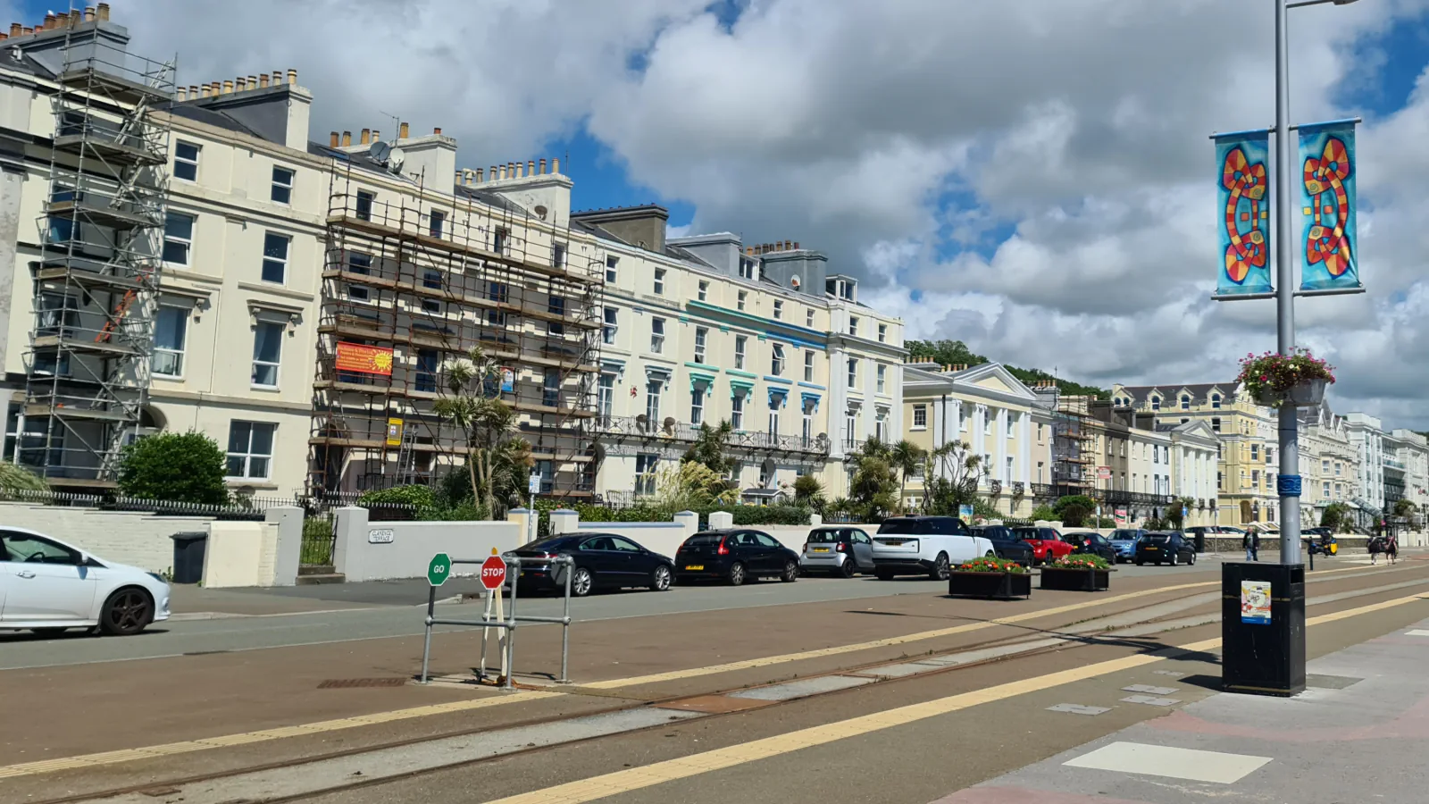 Tram rails and buildings along the Central Promenade in Douglas