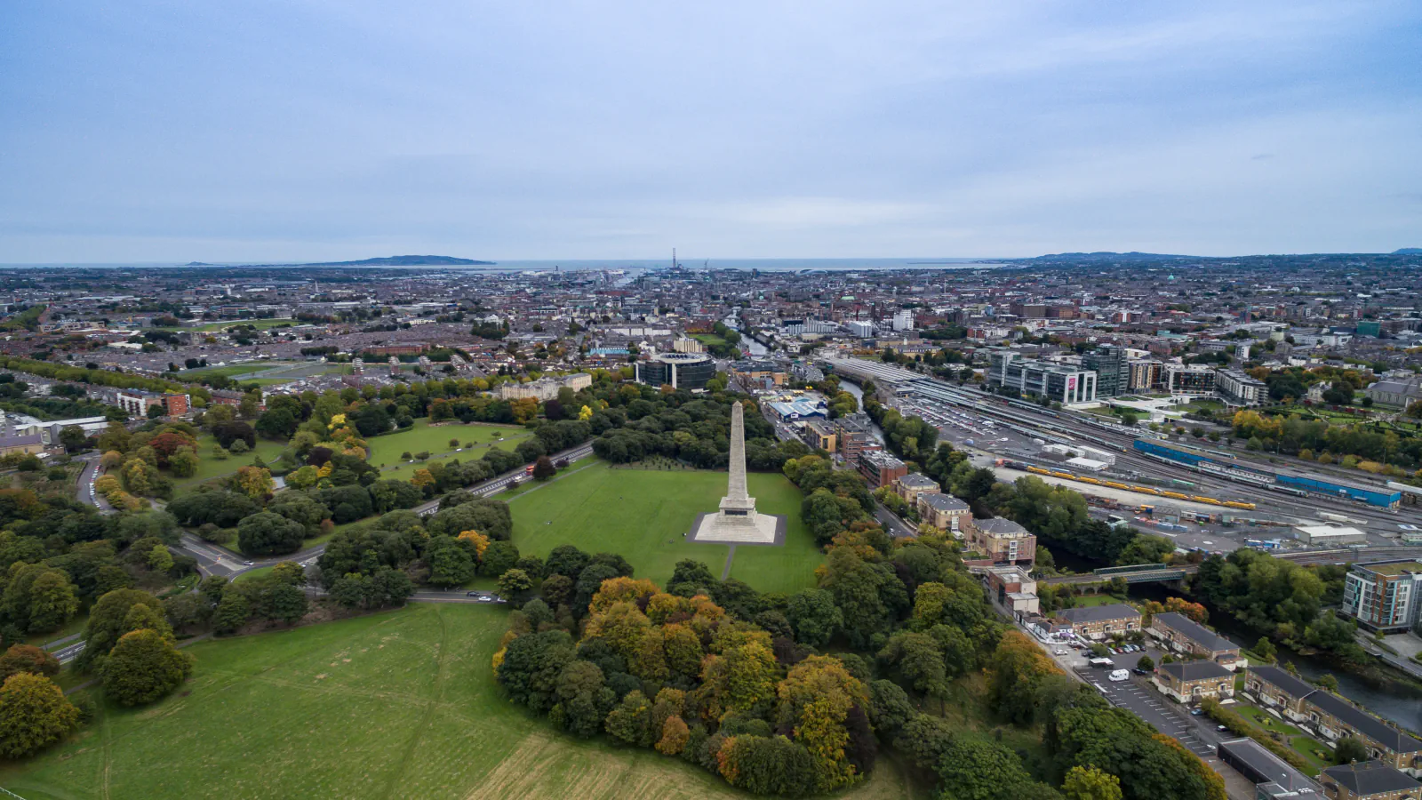 Dublin’s urban area beyond Phoenix Park, with the Wellington Monument in the foreground