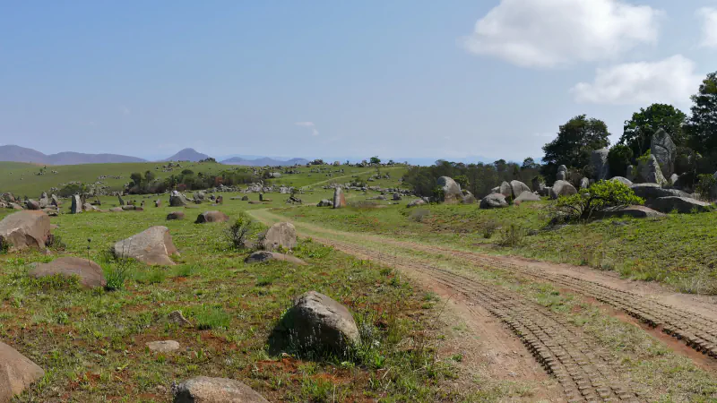 Rounded boulders are scattered across green grassland on both sides of a dirt track, with trees and a cluster of larger rocks on the right and low blue hills in the distance
