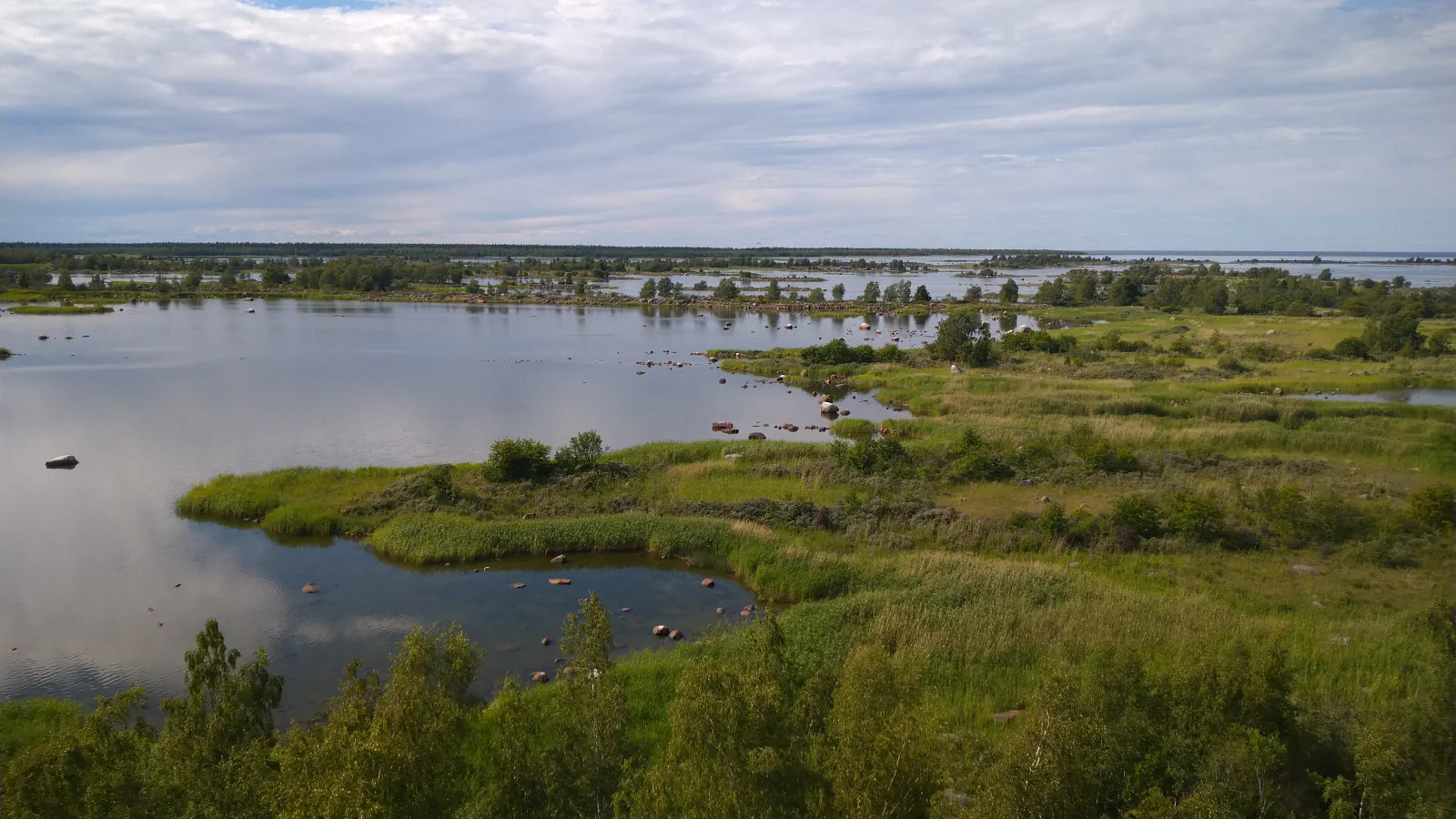 Low islands, vegetated shores and shallow water of the Kvarken Archipelago seen from an observation tower under a cloudy sky