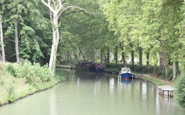 A tree-lined reach of the Canal du Midi with a dark barge and a blue-and-white boat moored by the bank, green water reflecting the trees