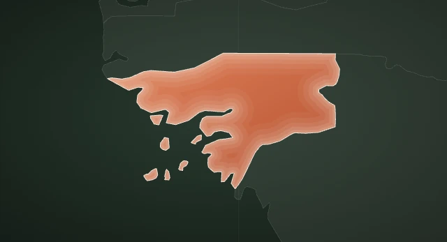Illustration: the outline of Guinea-Bissau filled in terracotta on a dark green map, with the neighbouring countries as faint grey outlines