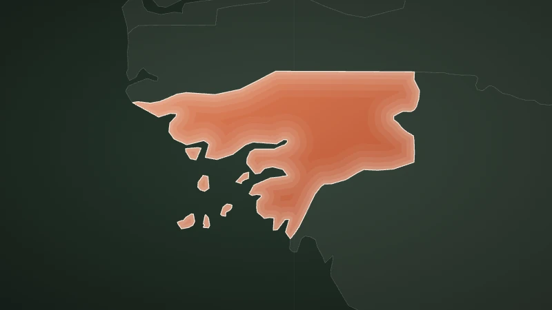 Illustration: the outline of Guinea-Bissau filled in terracotta on a dark green map, with the neighbouring countries as faint grey outlines