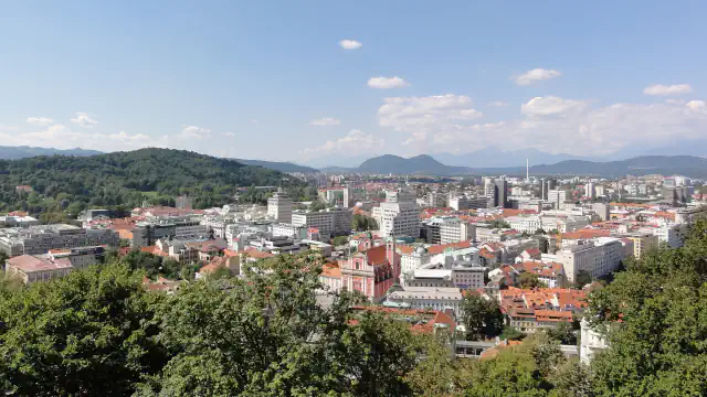 Ljubljana’s rooftops and skyline seen from Castle Hill