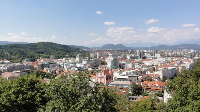 Ljubljana’s rooftops and skyline seen from Castle Hill