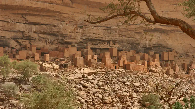Flat-roofed earth buildings standing in rows below a tall banded sandstone cliff, among boulders and small trees, with a bare branch across the top right