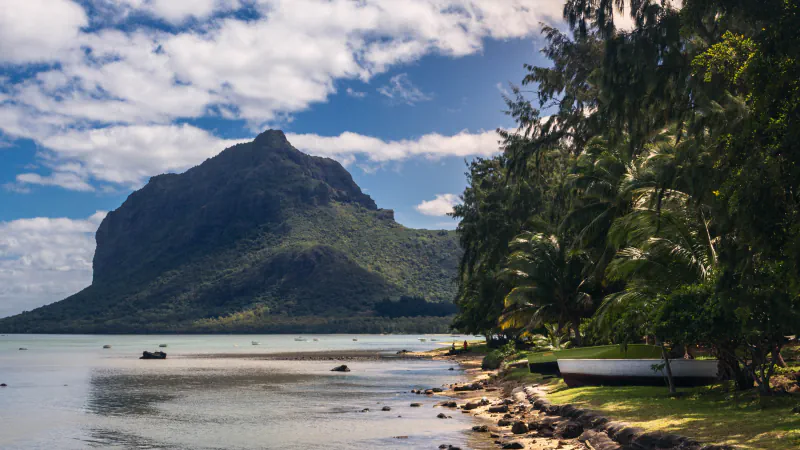 Le Morne Brabant rises beyond a shallow lagoon, with boats moored along the palm-lined shore.