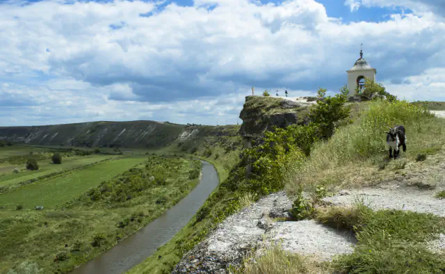 Ozka reka se vije po zeleni dolini pod bledimi apnenčastimi pečinami; na skalnatem izstopu na desni stoji majhen bel zvonik s križem pod oblačnim modrim nebom, na travnatem pobočju pa stoji črno-bela koza