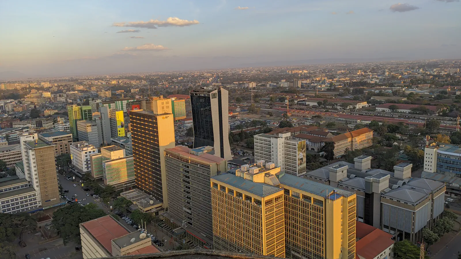 Nairobi’s central skyline photographed from the KICC rooftop at golden hour