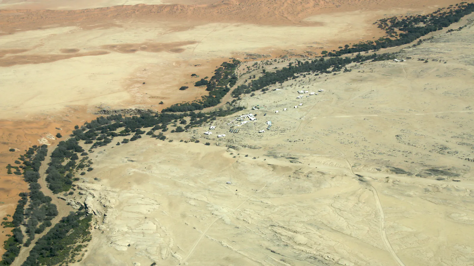 Aerial view of Gobabeb’s white buildings on a pale gravel plain beside the dark green Kuiseb River woodland, with orange dunes beyond