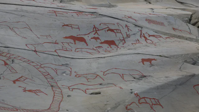 Red-painted carvings of animals and human figures on a smooth grey rock surface at Alta