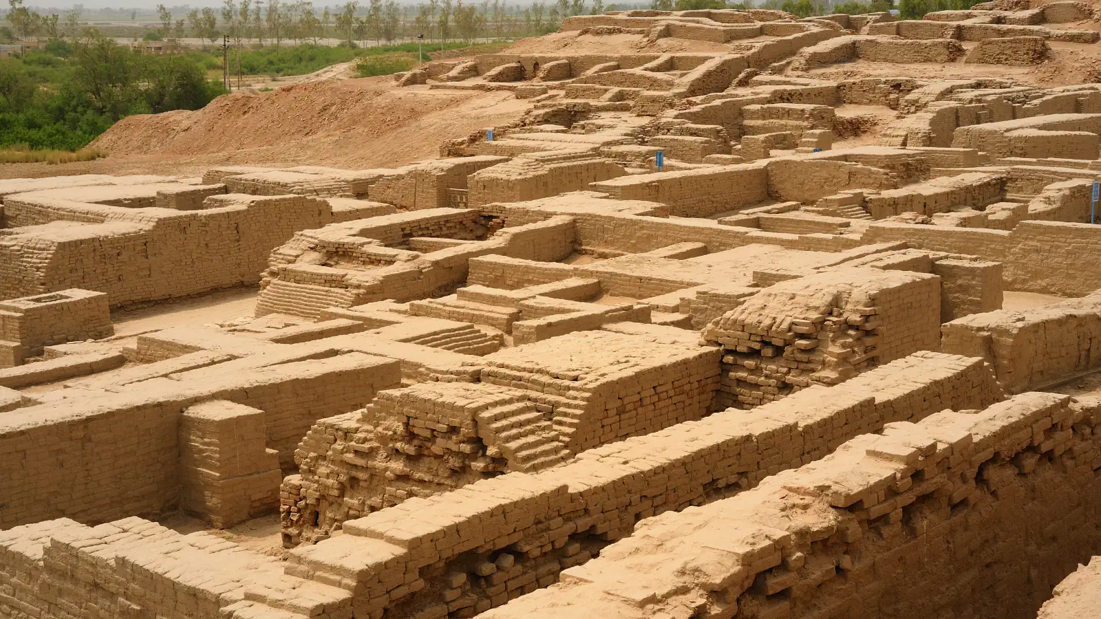 Brick walls, narrow rooms and steps of the excavated city of Mohenjo-daro seen from above, with a mound of earth at left and green fields in the distance
