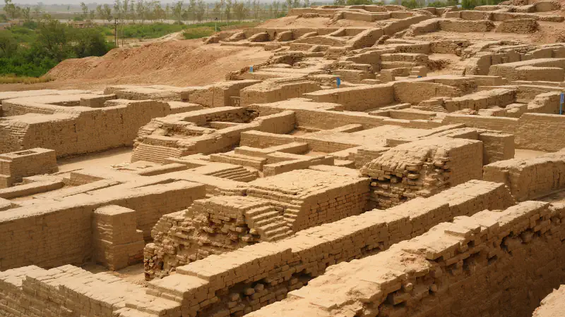 Opečni zidovi, ozke sobe in stopnice izkopanega mesta Mohenjo-daro, gledani od zgoraj, z nasipom zemlje na levi in zelenimi polji v ozadju