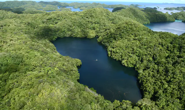 Aerial view of a dark blue lake enclosed by forested hills, with a pale turquoise lagoon and more small forested islands beyond it to the horizon