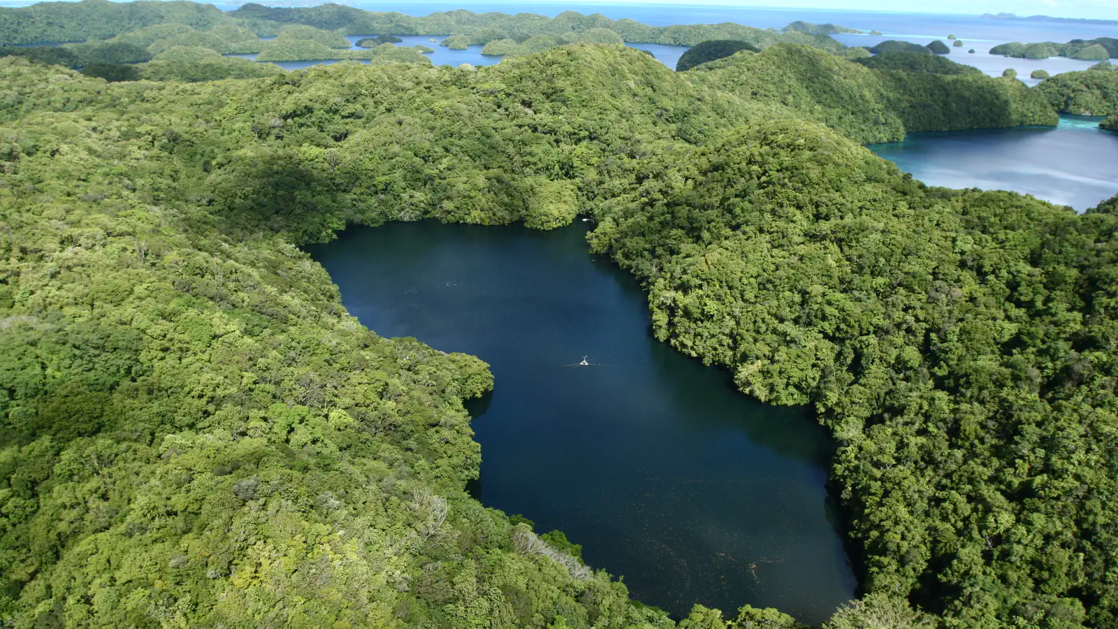 Aerial view of a dark blue lake enclosed by forested hills, with a pale turquoise lagoon and more small forested islands beyond it to the horizon