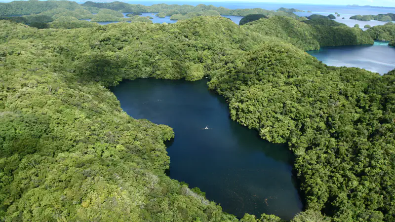 Pogled iz zraka na temno modro jezero, obdano z gozdnatimi griči, za njim pa svetlo turkizna laguna in še več majhnih gozdnatih otokov do obzorja