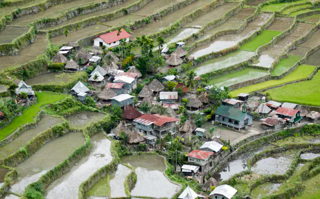 Batad village among curved rice terraces in Ifugao, with thatched and tin-roofed houses, flooded paddies and bright green young rice