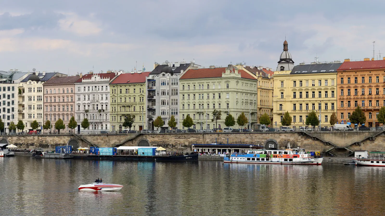 Buildings and boats along the Vltava in Prague