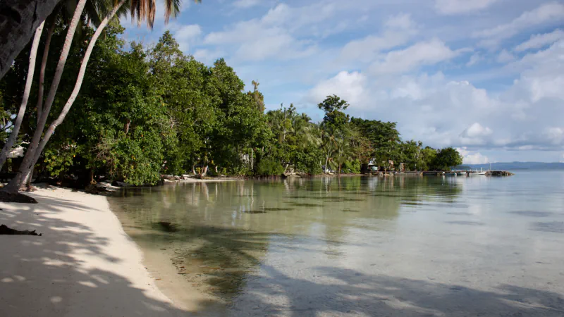 Bela peščena plaža v senci nagnjenih kokosovih palm in goste zelene vegetacije na levi, na desni mirna, bistra in plitva voda, v daljavi majhen pomol s čolni ter svetlo nebo z razpršenimi oblaki