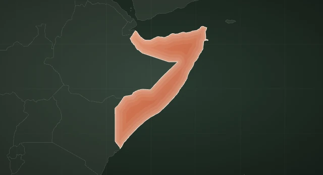 Illustration: the outline of Somalia filled in terracotta on a dark green map, with the neighbouring countries as faint grey outlines