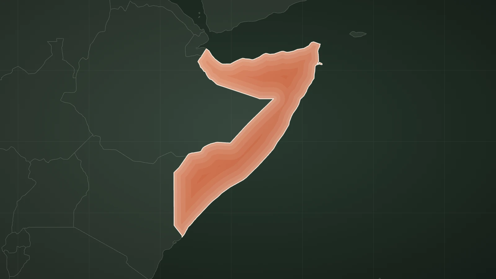 Illustration: the outline of Somalia filled in terracotta on a dark green map, with the neighbouring countries as faint grey outlines