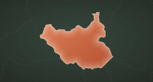 Illustration: the outline of South Sudan filled in terracotta on a dark green map, with the neighbouring countries as faint grey outlines