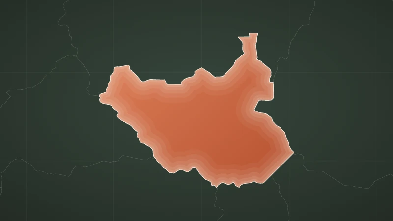 Ilustracija: obris države Južni Sudan v terakotni barvi na temnozelenem zemljevidu, sosednje države kot bledi sivi obrisi