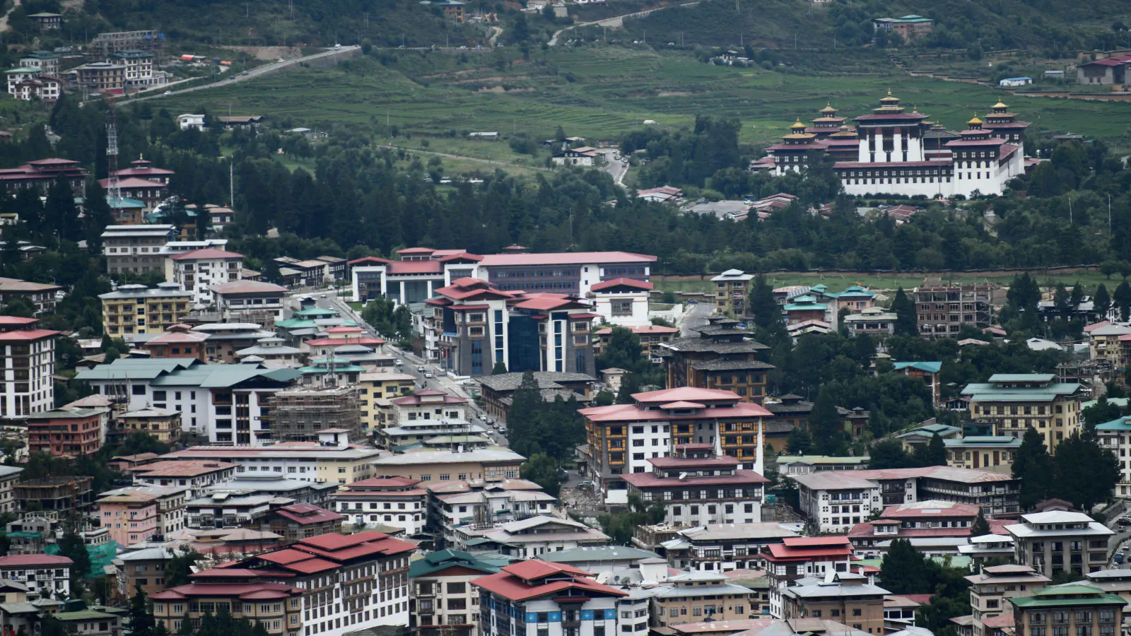 Central Thimphu buildings spread across a valley below green hills