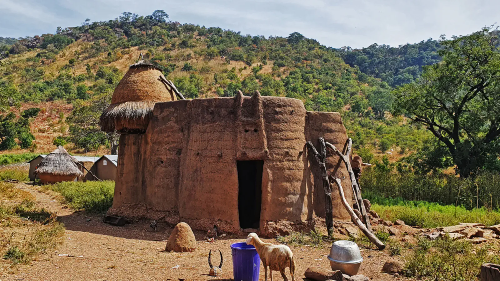 Batammariba tower-house with a thatched turret, set against a green wooded hillside.