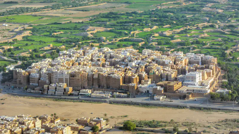Aerial view of a dense cluster of tall mud-brick tower houses, with green irrigated fields beyond them and a wide, sandy wadi bed in the foreground